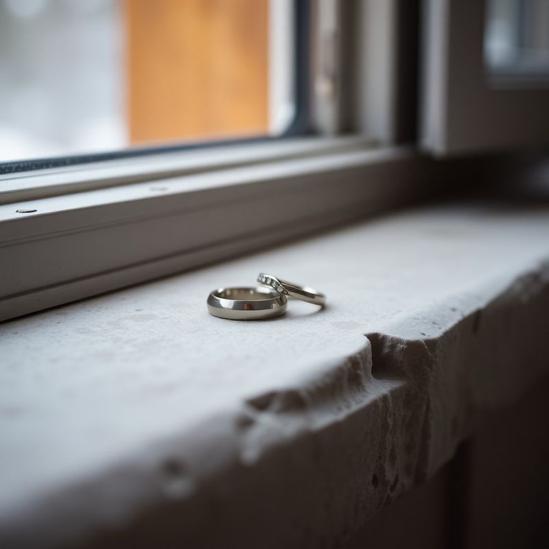 Wedding rings on a stone windowsill in soft northern light