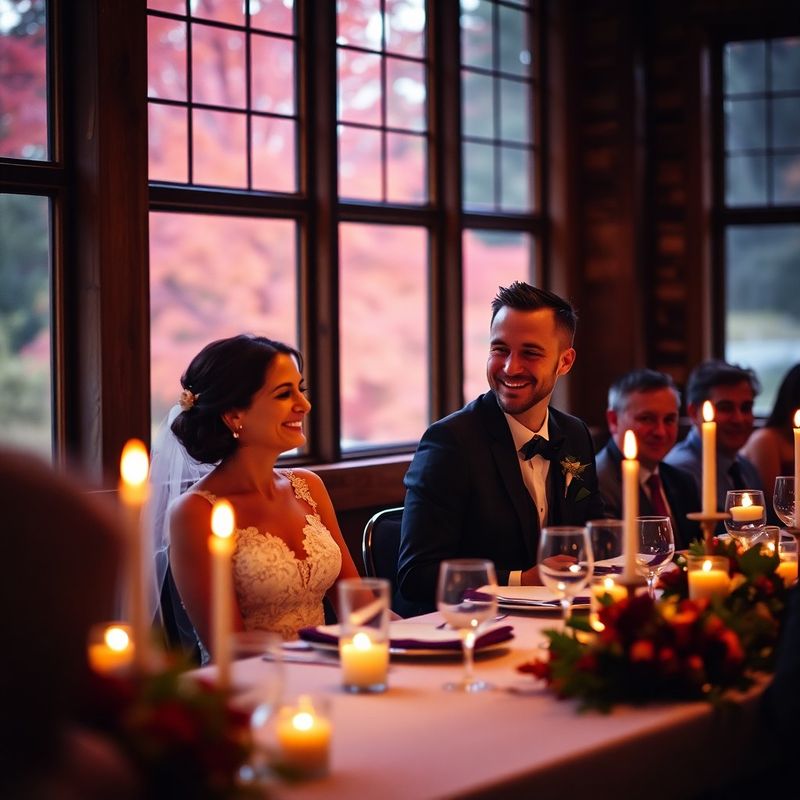 Bride and groom laughing at the reception, warm candle glow