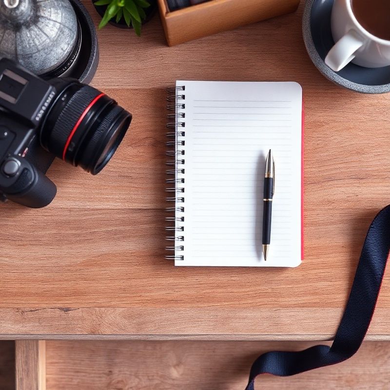 Overhead shot of a clean Ottawa studio desk with notebook, pen, and camera strap