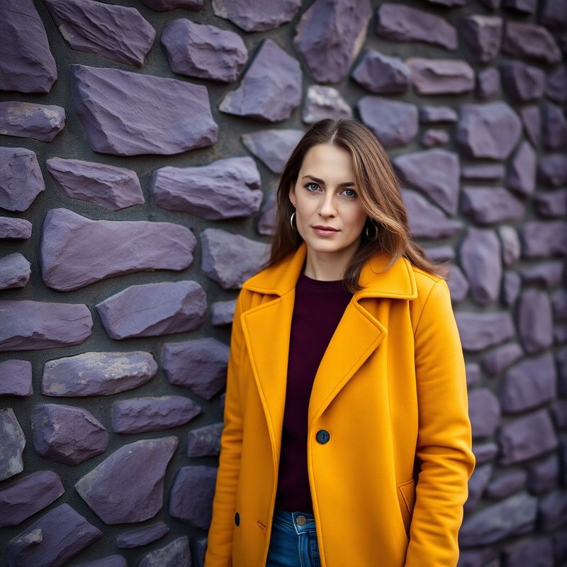 Woman in mustard jacket against a violet-toned stone wall in Ottawa