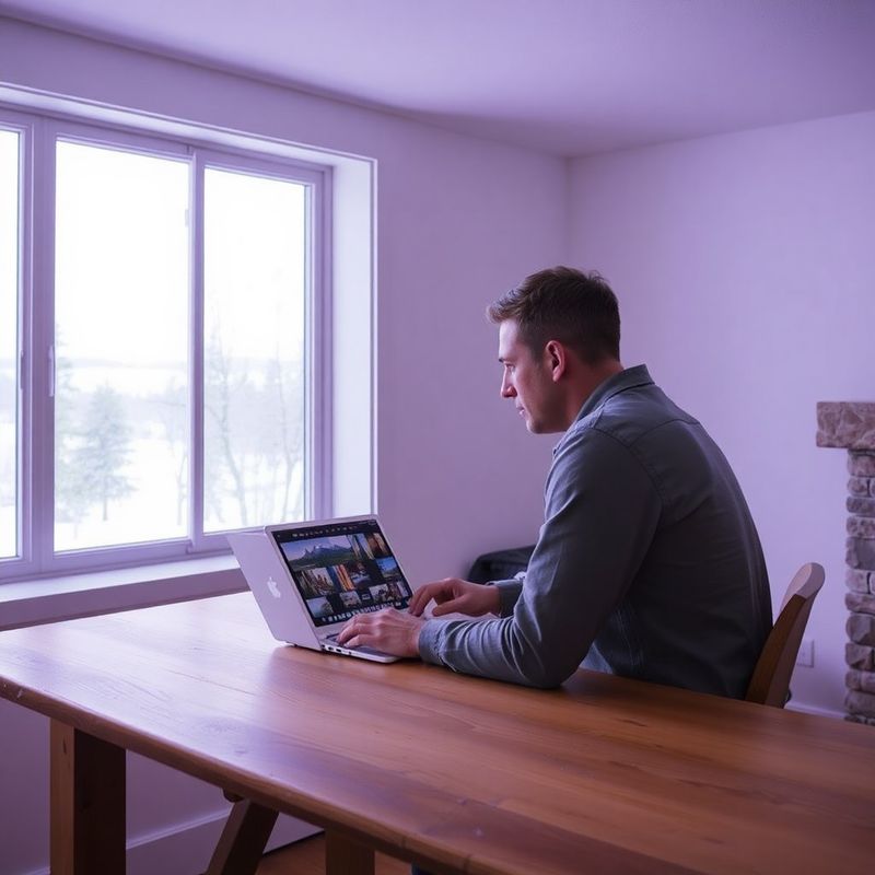 Photographer reviewing images at a timber desk beside a large window in Ottawa